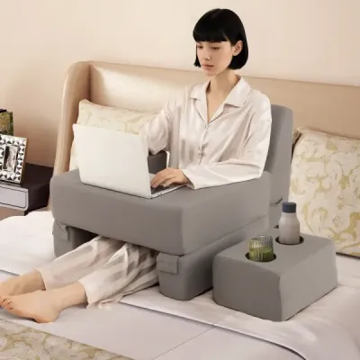 Polštářek na čtení na postel a pohovku Polštářek na knihu s držákem na kelímek Ergonomický zádový polštářek Šedý