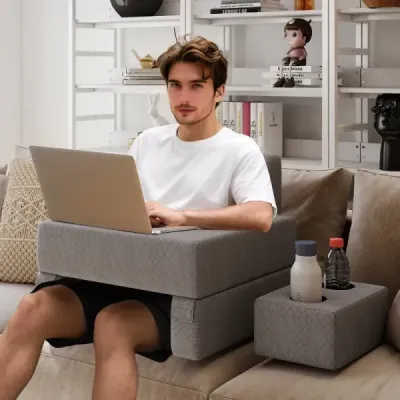 Polštářek na čtení na postel a pohovku Polštářek na knihu s držákem na kelímek Ergonomický zádový polštářek Šedý