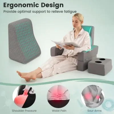 Polštářek na čtení na postel a pohovku Polštářek na knihu s držákem na kelímek Ergonomický zádový polštářek Šedý