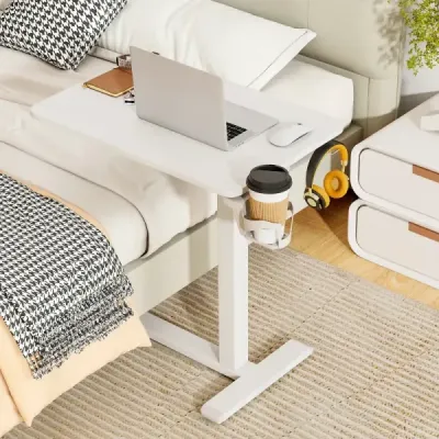 Ošetřovatelský stůl se skrytými kolečky, výškově nastavitelný noční stolek s držákem na nápoje a háčky, bílý