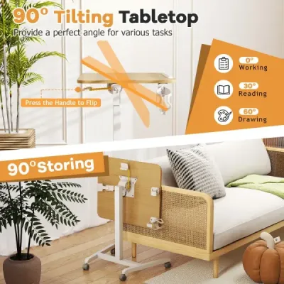 Výškově nastavitelný odkládací stolek s kolečky a deskou naklápěcí o 90°, noční stolek k ošetřovatelskému stolu