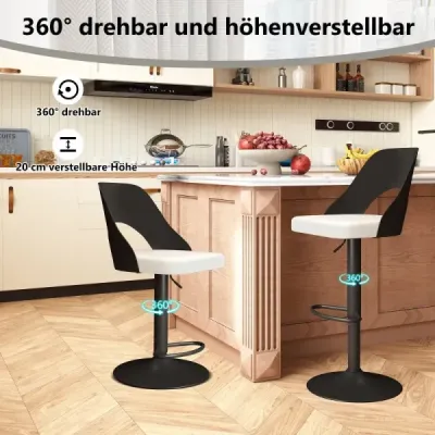 Barová židle sada 2 barových židlí 360° otočná výškově nastavitelná otočná židle Kuchyňské židle s koženkovým sedákem a opěradlem černé barvy