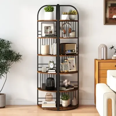 6patrový rohový regál, 181,5 cm, kovový rám, úložný prostor, stojan na květiny, do obývacího pokoje, rustikální styl, hnědá a černá
