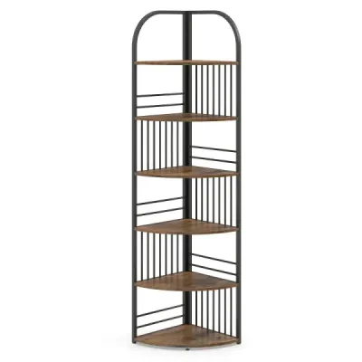 6patrový rohový regál, 181,5 cm, kovový rám, úložný prostor, stojan na květiny, do obývacího pokoje, rustikální styl, hnědá a černá