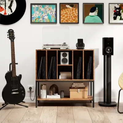 Stojan na gramofon s nabíjecí stanicí a úložným prostorem na vinyly Boční skříňka Police na vinyly Káva