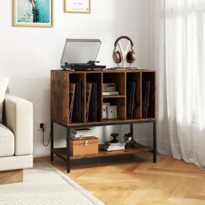 Stojan na gramofon s nabíjecí stanicí a úložným prostorem na vinyly Boční skříňka Police na vinyly Káva