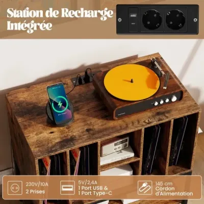 Stojan na gramofon s nabíjecí stanicí a úložným prostorem na vinyly Boční skříňka Police na vinyly Káva