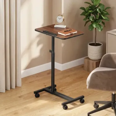 Výškově nastavitelný lůžkový stolek na kolečkách s naklápěcí a o 360° otočnou deskou – ošetřovací stolek, ořech