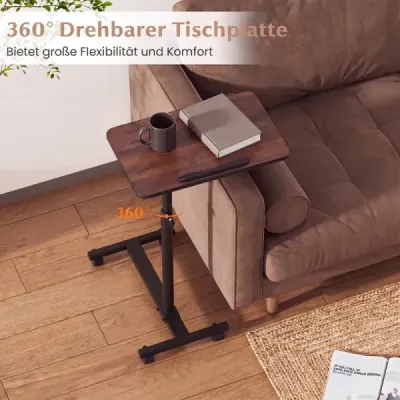 Výškově nastavitelný lůžkový stolek na kolečkách s naklápěcí a o 360° otočnou deskou – ošetřovací stolek, ořech