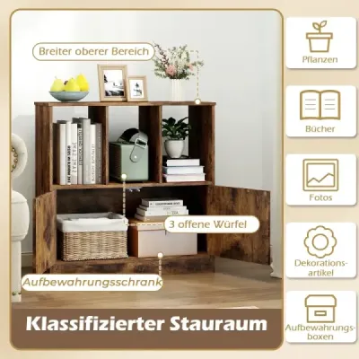 Třípatrová knihovna se 2 dvířky, krychlová police s otevřenými přihrádkami a knihovna, hnědá