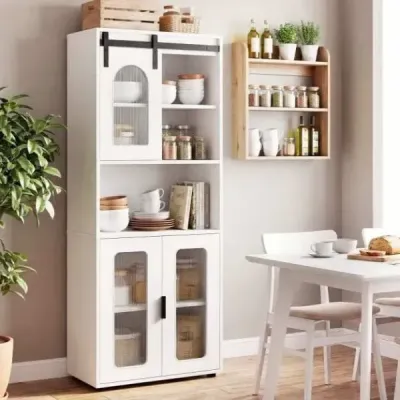 Koupelnová skříňka ve venkovském stylu s posuvnými dvířky a otevřeným prostorem, 60 x 30 x 150 cm, bílá