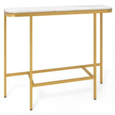 Moderní konzolový stolek konferenční stolek s deskou z umělého mramoru a kovovým rámem, bílý, 110 x 30 x 91 cm
