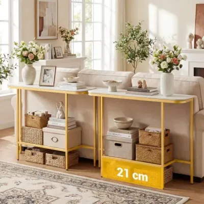 Moderní konzolový stolek konferenční stolek s deskou z umělého mramoru a kovovým rámem, bílý, 110 x 30 x 91 cm