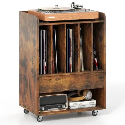 Stůl na gramofon s 5 přihrádkami a zásuvkou, stojan na desky, úložný prostor na vinyly s kolečky, hnědý