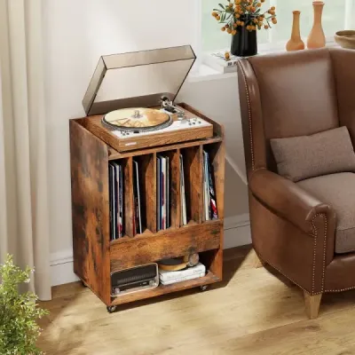 Stůl na gramofon s 5 přihrádkami a zásuvkou, stojan na desky, úložný prostor na vinyly s kolečky, hnědý