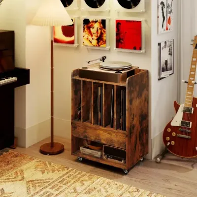 Stůl na gramofon s 5 přihrádkami a zásuvkou, stojan na desky, úložný prostor na vinyly s kolečky, hnědý