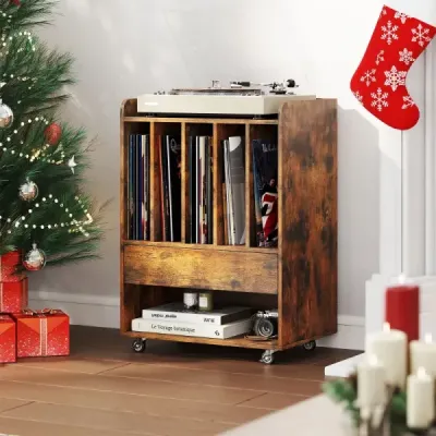 Stůl na gramofon s 5 přihrádkami a zásuvkou, stojan na desky, úložný prostor na vinyly s kolečky, hnědý