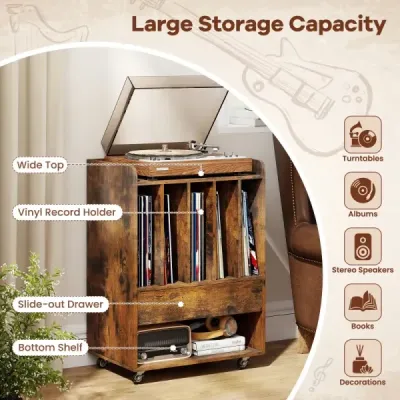 Stůl na gramofon s 5 přihrádkami a zásuvkou, stojan na desky, úložný prostor na vinyly s kolečky, hnědý