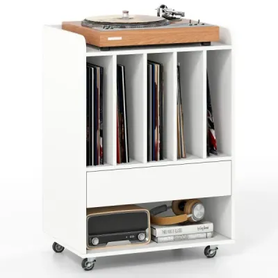 Stůl na gramofon s 5 přihrádkami a zásuvkou, stojan na desky, úložný prostor na vinyly s kolečky, bílý