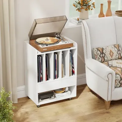 Stůl na gramofon s 5 přihrádkami a zásuvkou, stojan na desky, úložný prostor na vinyly s kolečky, bílý