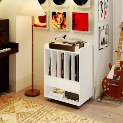 Stůl na gramofon s 5 přihrádkami a zásuvkou, stojan na desky, úložný prostor na vinyly s kolečky, bílý