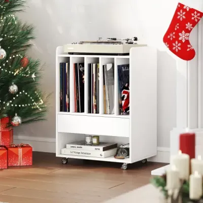 Stůl na gramofon s 5 přihrádkami a zásuvkou, stojan na desky, úložný prostor na vinyly s kolečky, bílý