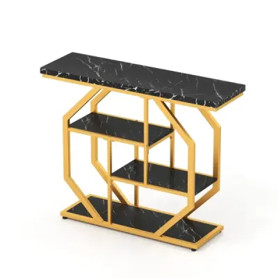 100 cm konzolový stolek 4stupňový moderní vstupní stolek s odkládacími plochami a deskou z umělého mramoru, černý