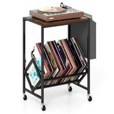 Stojan na gramofonové desky s kolečky, stolek na vinylové desky s úložným prostorem a držákem na časopisy, rustikální hnědý