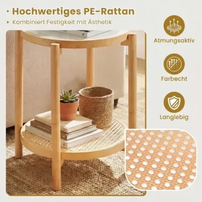 Konferenční stolek v boho stylu se skleněnou deskou a ratanovou policí, odkládací stolek 47,5 x 47,5 x 58 cm, přírodní