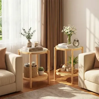 Konferenční stolek v boho stylu se skleněnou deskou a ratanovou policí, odkládací stolek 47,5 x 47,5 x 58 cm, přírodní