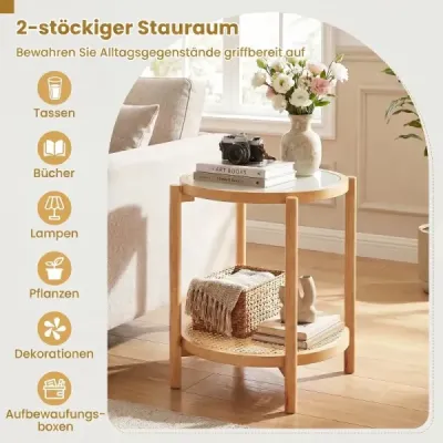 Konferenční stolek v boho stylu se skleněnou deskou a ratanovou policí, odkládací stolek 47,5 x 47,5 x 58 cm, přírodní