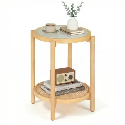 Konferenční stolek v boho stylu se skleněnou deskou a ratanovou policí, odkládací stolek 47,5 x 47,5 x 58 cm, přírodní