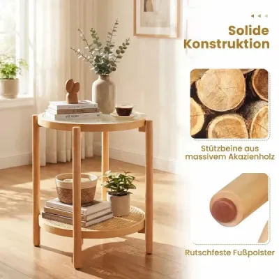 Konferenční stolek v boho stylu se skleněnou deskou a ratanovou policí, odkládací stolek 47,5 x 47,5 x 58 cm, přírodní