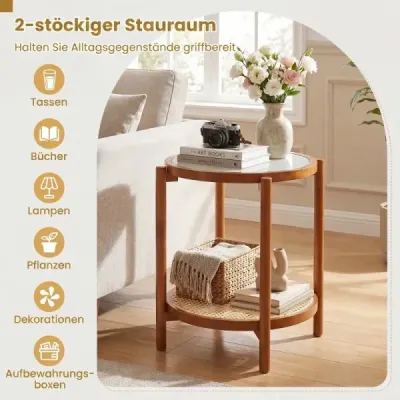 Konferenční stolek ve stylu boho se skleněnou deskou a ratanovou policí, odkládací stolek 47,5 x 47,5 x 58 cm, ořech
