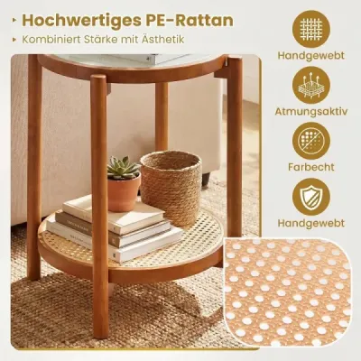 Konferenční stolek ve stylu boho se skleněnou deskou a ratanovou policí, odkládací stolek 47,5 x 47,5 x 58 cm, ořech