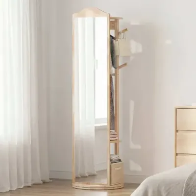 Celotělové zrcadlo se stojanem, otočný věšák s toaletním zrcadlem, 4 háčky, přírodní (1 tyč na oděvy)