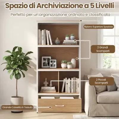 Čtyřpatrová knihovna s otevřenými přihrádkami a látkovou zásuvkou, volně stojící knihovna, přírodní dřevo