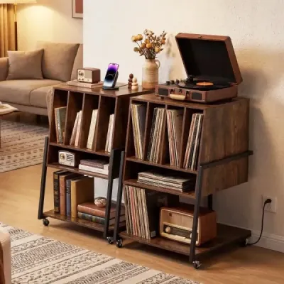 Stojan na gramofon s integrovanou nabíjecí stanicí a 4 přepážkami – gramofonový stolek na vinylové desky, hnědý