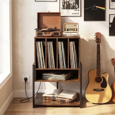 Stojan na gramofon s integrovanou nabíjecí stanicí a 4 přepážkami – gramofonový stolek na vinylové desky, hnědý