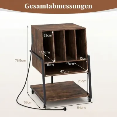 Stojan na gramofon s integrovanou nabíjecí stanicí a 4 přepážkami – gramofonový stolek na vinylové desky, hnědý