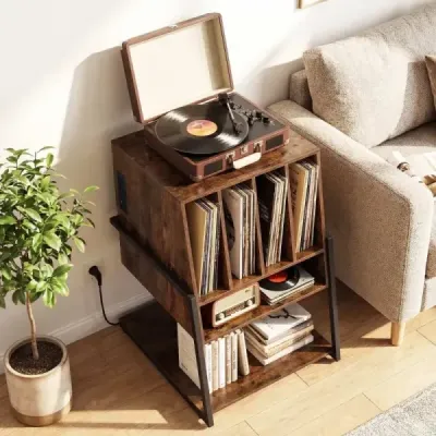 Stojan na gramofon s integrovanou nabíjecí stanicí a 4 přepážkami – gramofonový stolek na vinylové desky, hnědý
