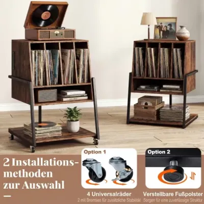 Stojan na gramofon s integrovanou nabíjecí stanicí a 4 přepážkami – gramofonový stolek na vinylové desky, hnědý