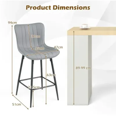 Barové židle, sada 2 ks, vysoké kuchyňské židle s ergonomickým opěradlem, čalouněné sedáky, šedé