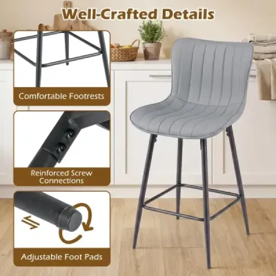 Barové židle, sada 2 ks, vysoké kuchyňské židle s ergonomickým opěradlem, čalouněné sedáky, šedé
