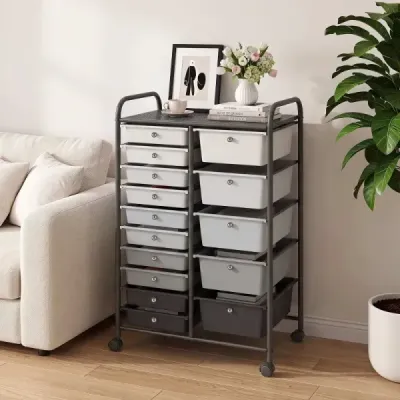 Vozík s 15 stohovatelnými zásuvkami a úchyty – zásuvkový vozík 63 x 38 x 96 cm, černý