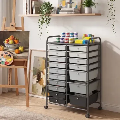 Vozík s 15 stohovatelnými zásuvkami a úchyty – zásuvkový vozík 63 x 38 x 96 cm, černý