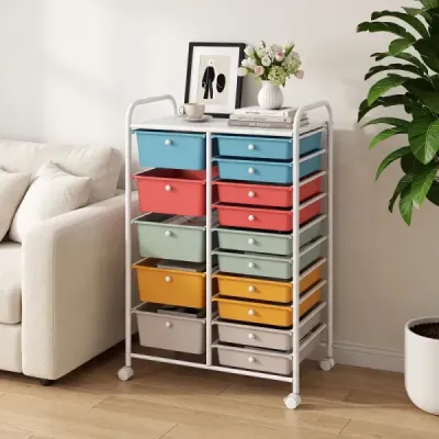 Vozík s 15 stohovatelnými zásuvkami a úchyty – zásuvkový vozík 63 x 38 x 96 cm Macaron
