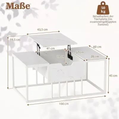 Konferenční stolek s nastavitelnou výškou, úložným prostorem a kovovou konstrukcí, 100 x 60 x 45 cm, bílý
