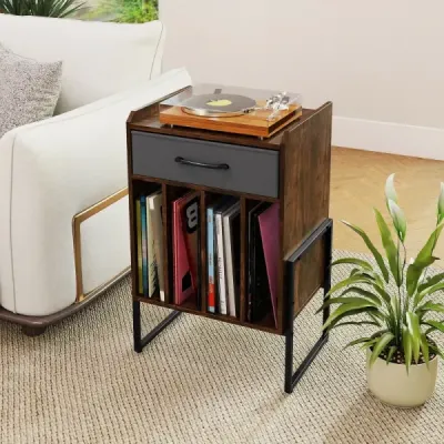 Stojan na gramofon, polička na desky se 4 přihrádkami, pojme až 160 alb, vinylová skříňka do obývacího pokoje, hnědá