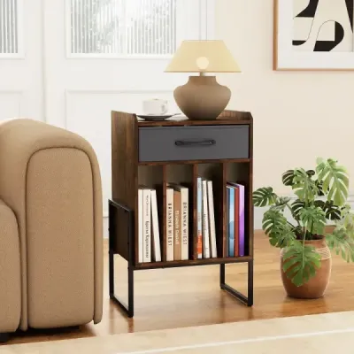 Stojan na gramofon, polička na desky se 4 přihrádkami, pojme až 160 alb, vinylová skříňka do obývacího pokoje, hnědá